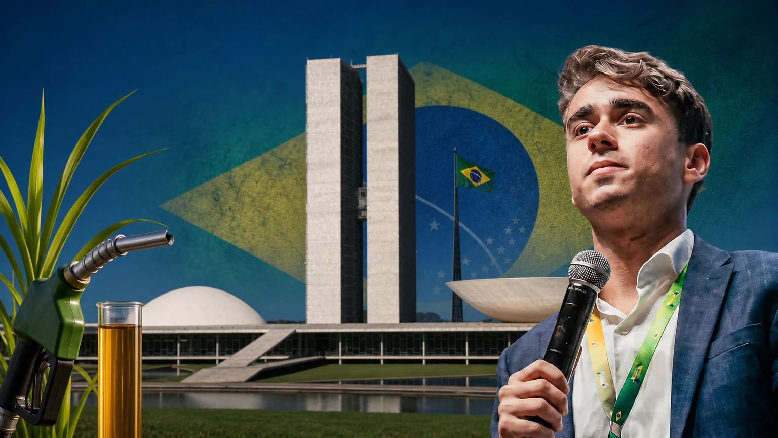 Nikolas Ferreira diante do Congresso com bomba de combustível, cana-de-açúcar e amostra de etanol