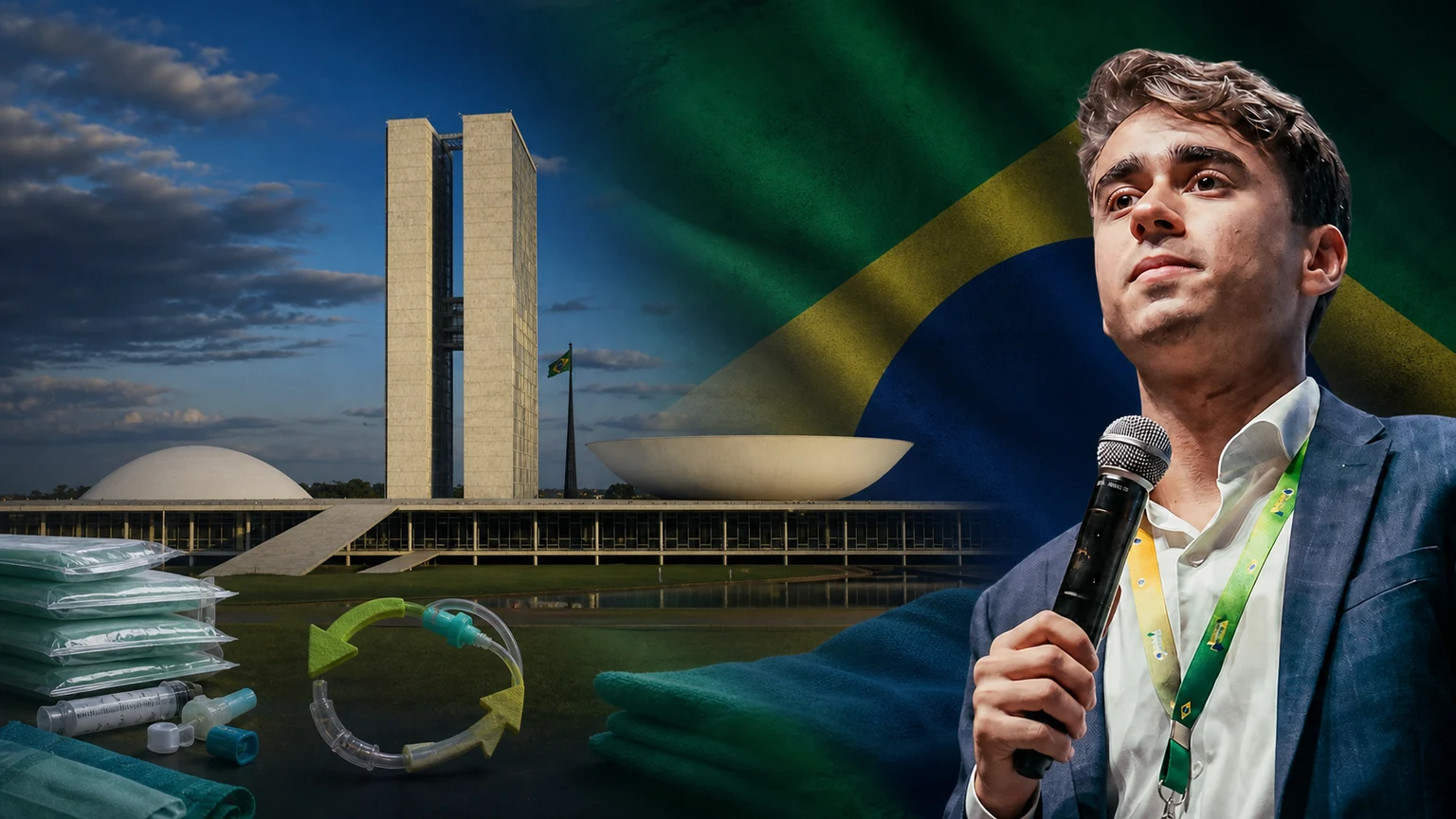 Nikolas Ferreira diante do Congresso com insumos médicos organizados para evitar desperdício